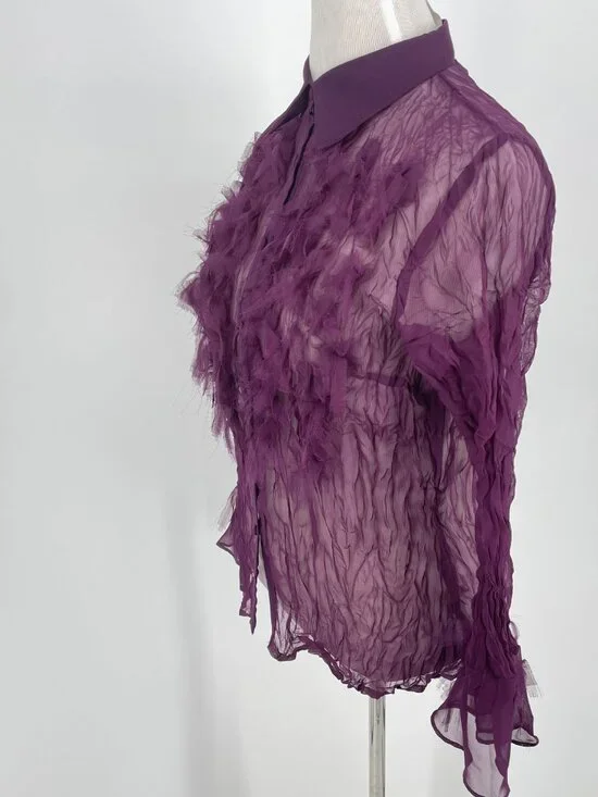 Vintage Dress-U Plum Purple Crinkle Blouse Bell Sleeve Whimsigoth Large - Picture 4 of 8